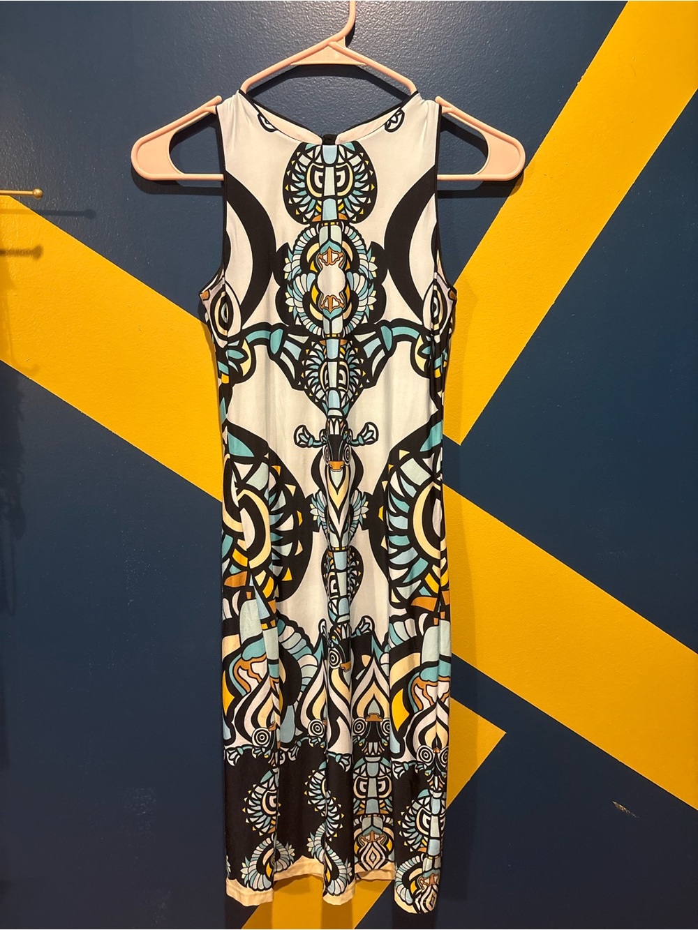 Analili Cream Midi Dress with Black, Turquoise & Yellow Geometric Print